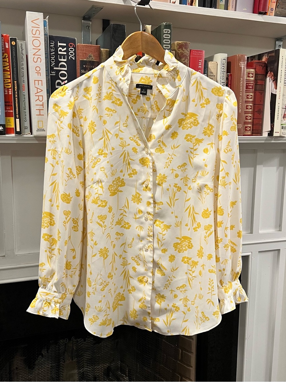 Ann Taylor Women's Yellow Floral Print Button-Up Blouse